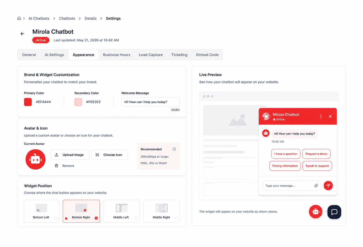 Mirola AI Chatbot appearance settings