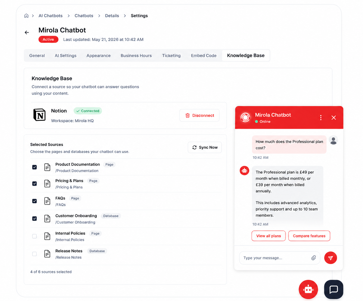 Mirola Chatbot Knowledge Base connected to Notion